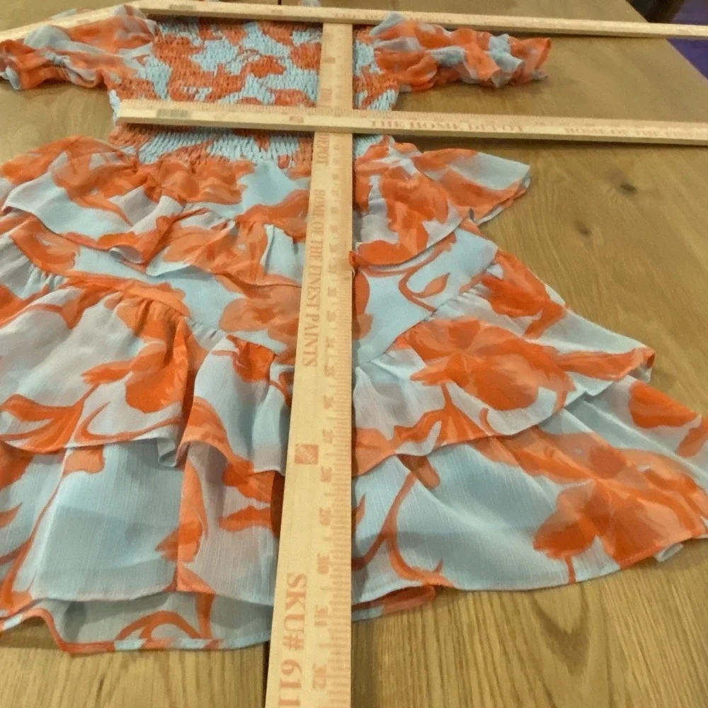 Olivaceous smocked ruffled dress Size Medium Floral Teal Orange Flirty Fun‎